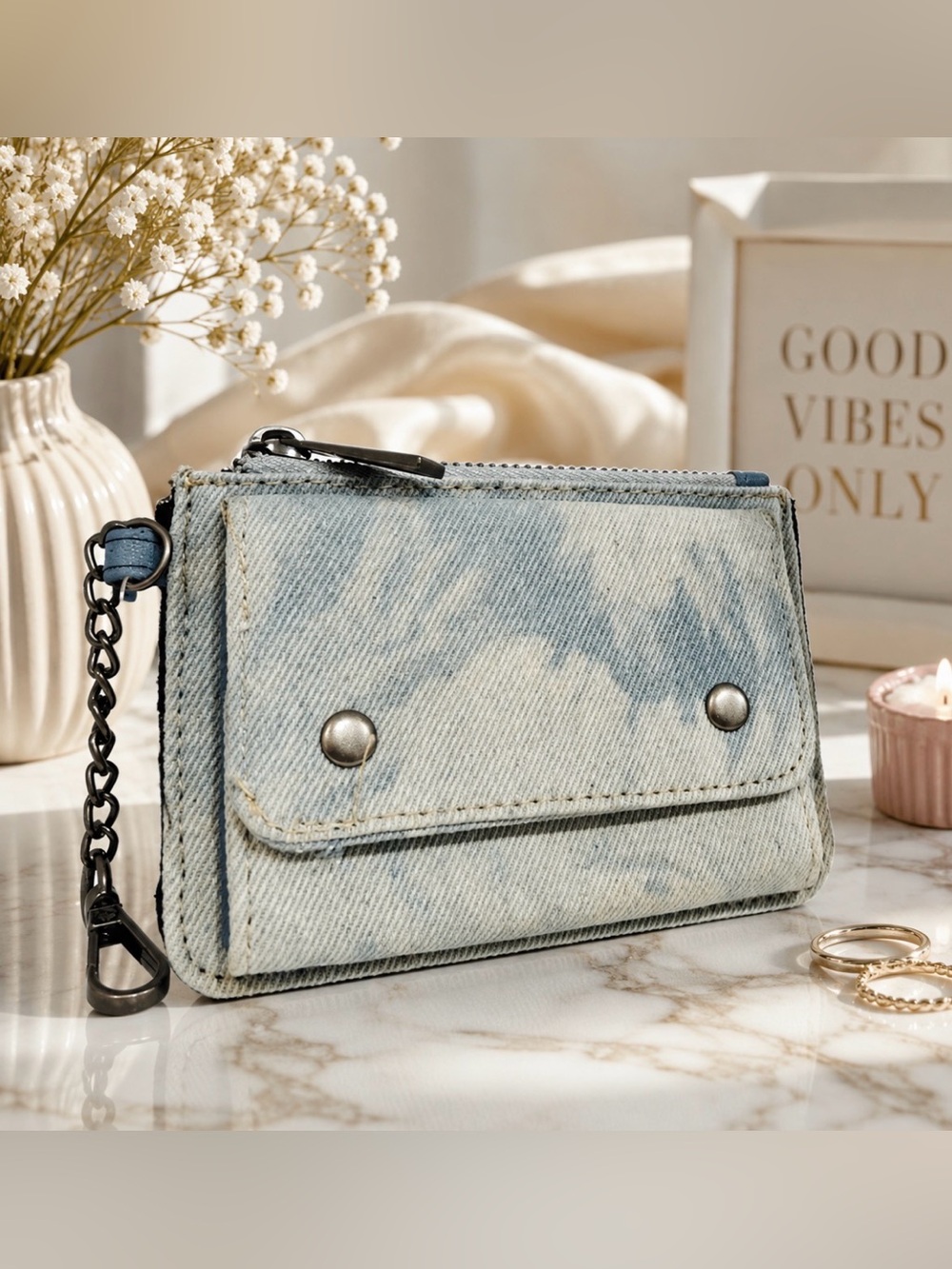 Denim Tie-Dye Mini Wallet Wristlet - Light Blue